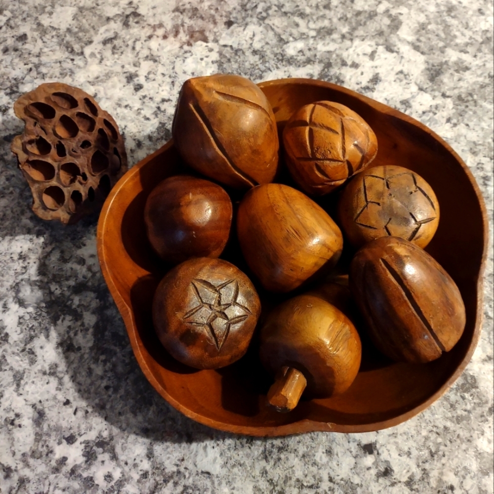 COPY - Vintage 1970’s Hand Carved vintage monkey pod Wooden Fruit + Bowl